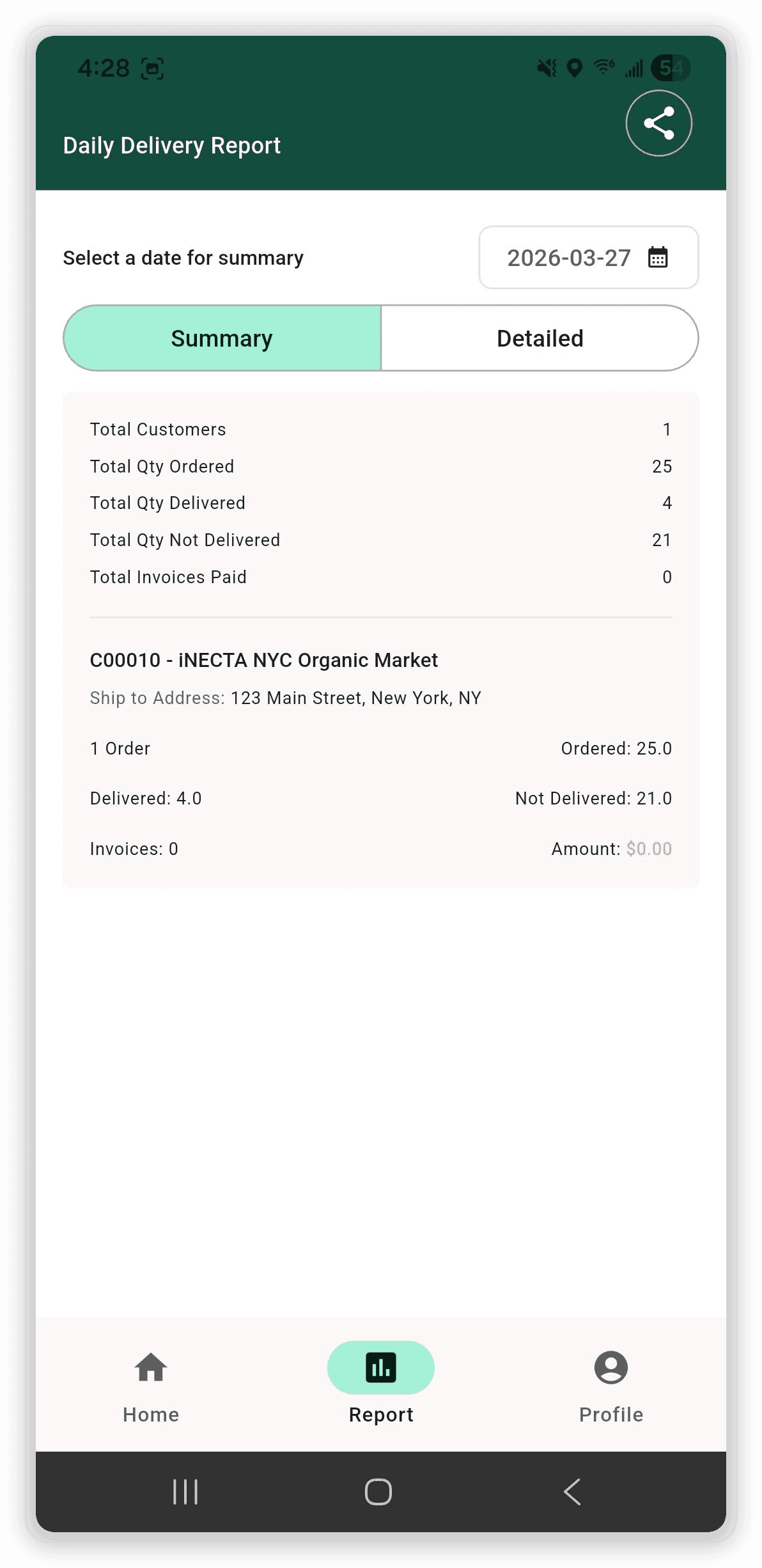 inecta DSD mobile app showing daily delivery report with summary of orders, quantities, and invoices