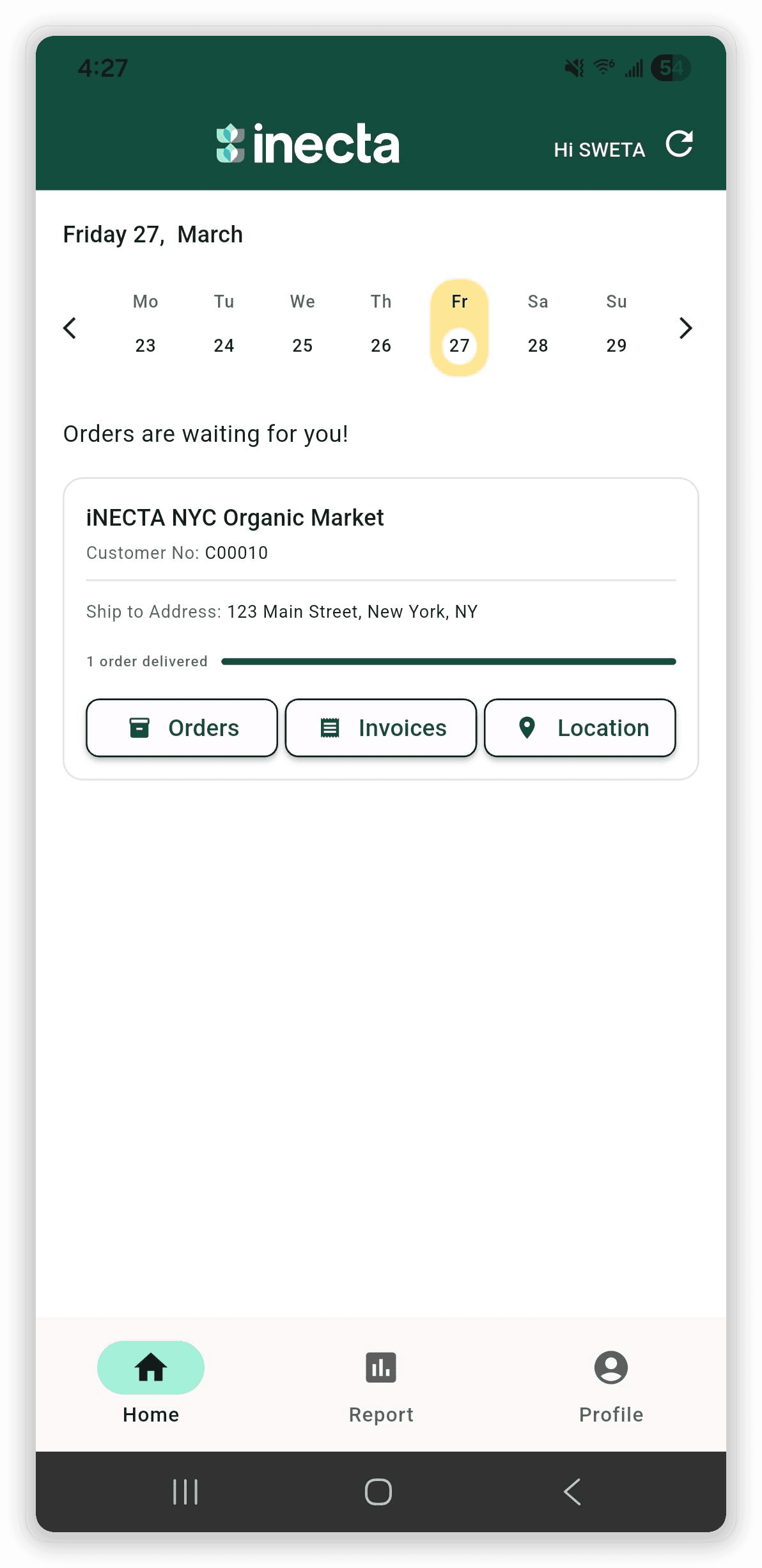 inecta DSD mobile app home screen showing weekly route schedule with orders waiting