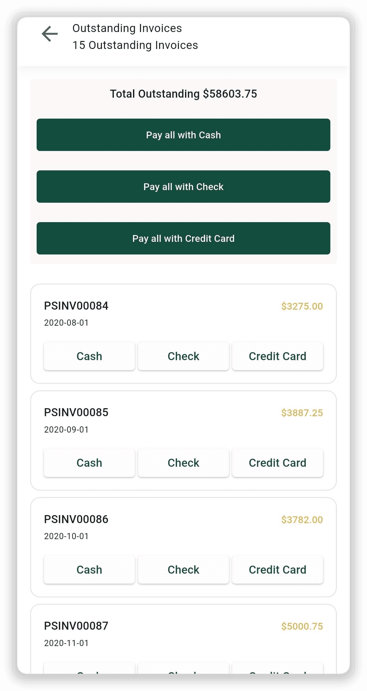 inecta DSD mobile app showing outstanding invoices with payment options, cash, check, or credit card