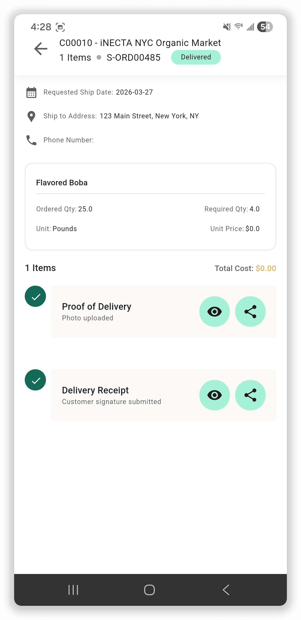 inecta DSD mobile app showing delivered order with proof of delivery photo and customer signature confirmed