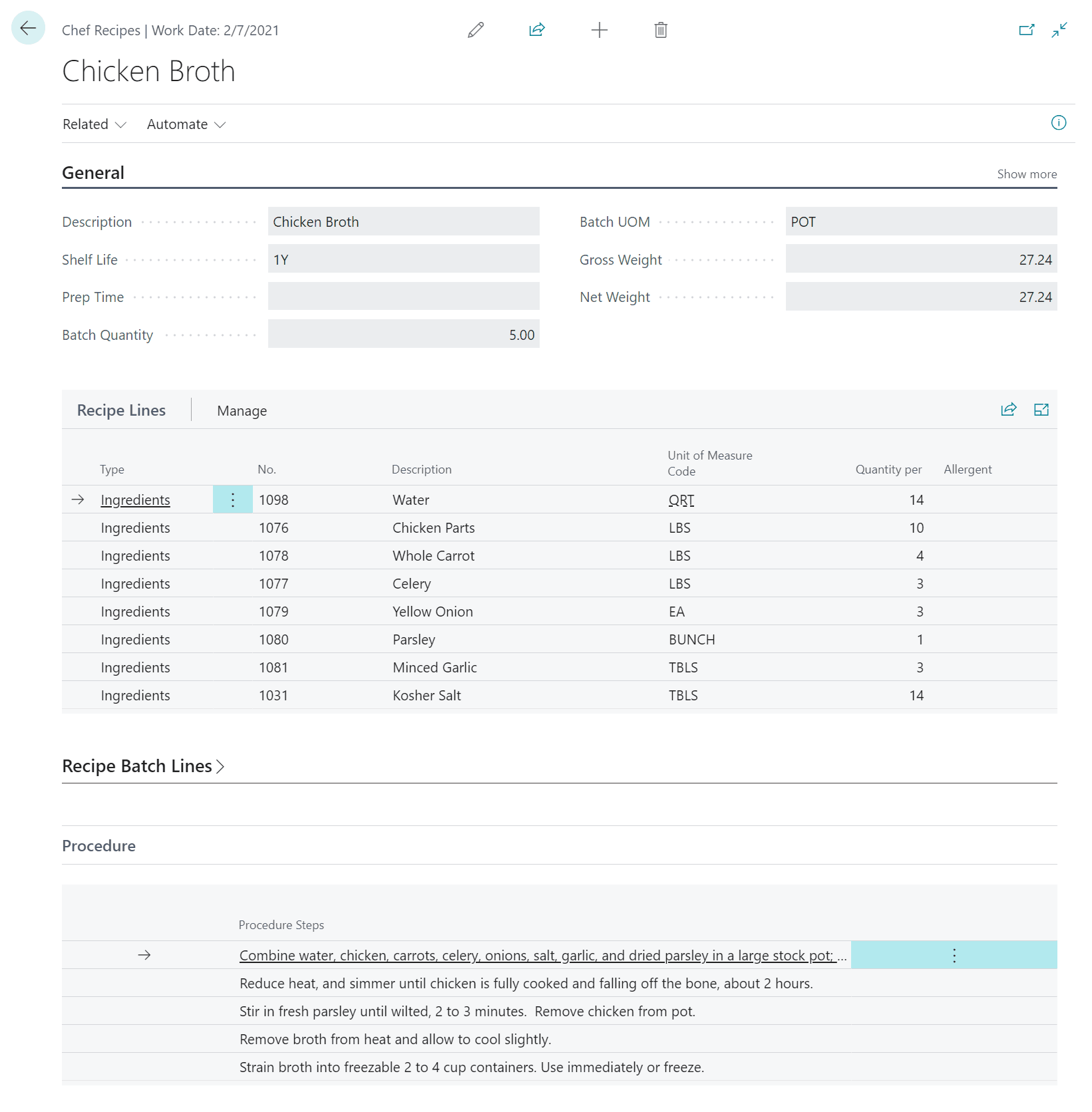 inecta Food ERP Chef Recipes screen showing Chicken Broth recipe with ingredients and procedure
