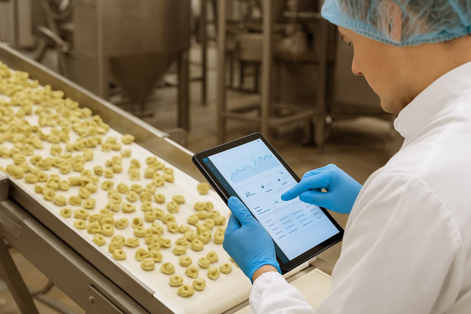 Food production worker checking analytics on a tablet over a pasta line — ERP News Magazine coverage