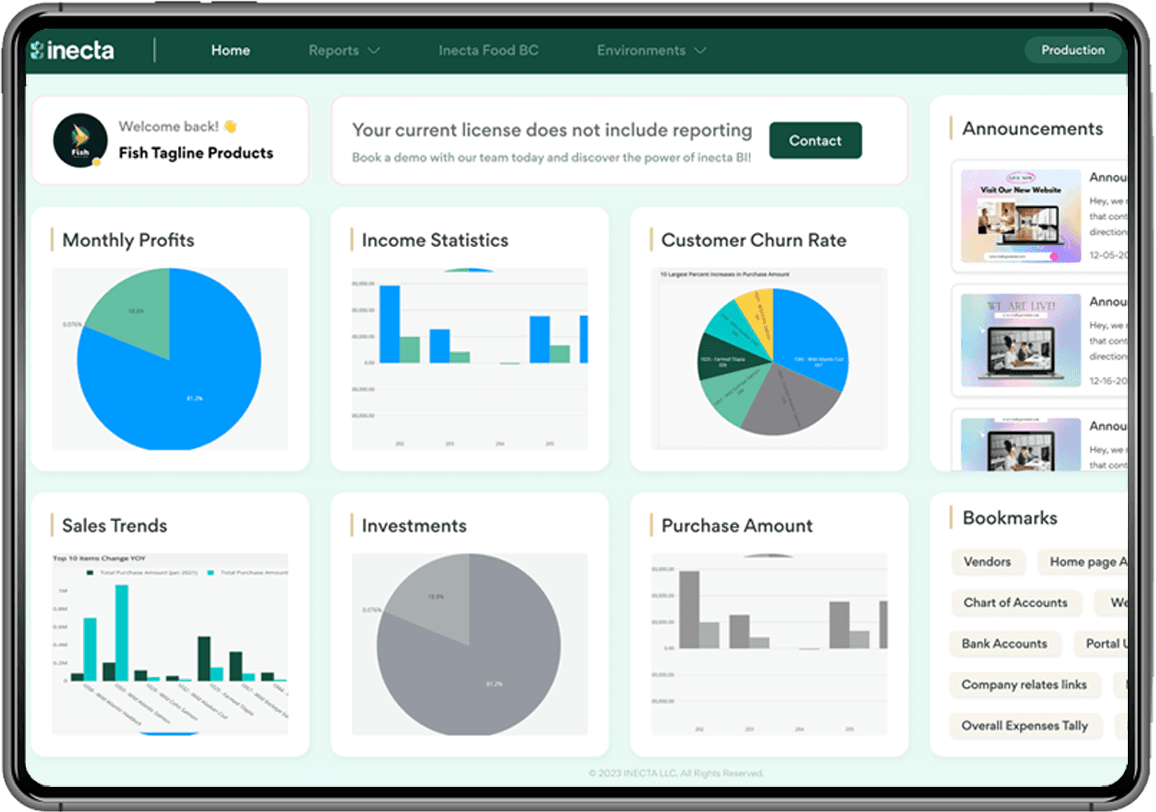 inecta Food ERP dashboard showing real-time production data, inventory, and financial reporting