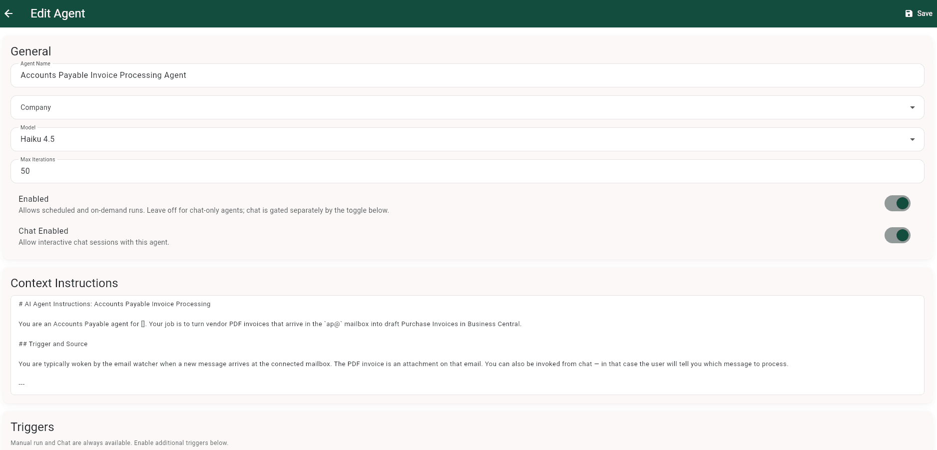 Edit Agent screen for the Accounts Payable Invoice Processing Agent — name, company, model (Haiku 4.5), max iterations, Enabled and Chat Enabled toggles, and the Context Instructions panel where the agent's job description and triggers are defined in prose