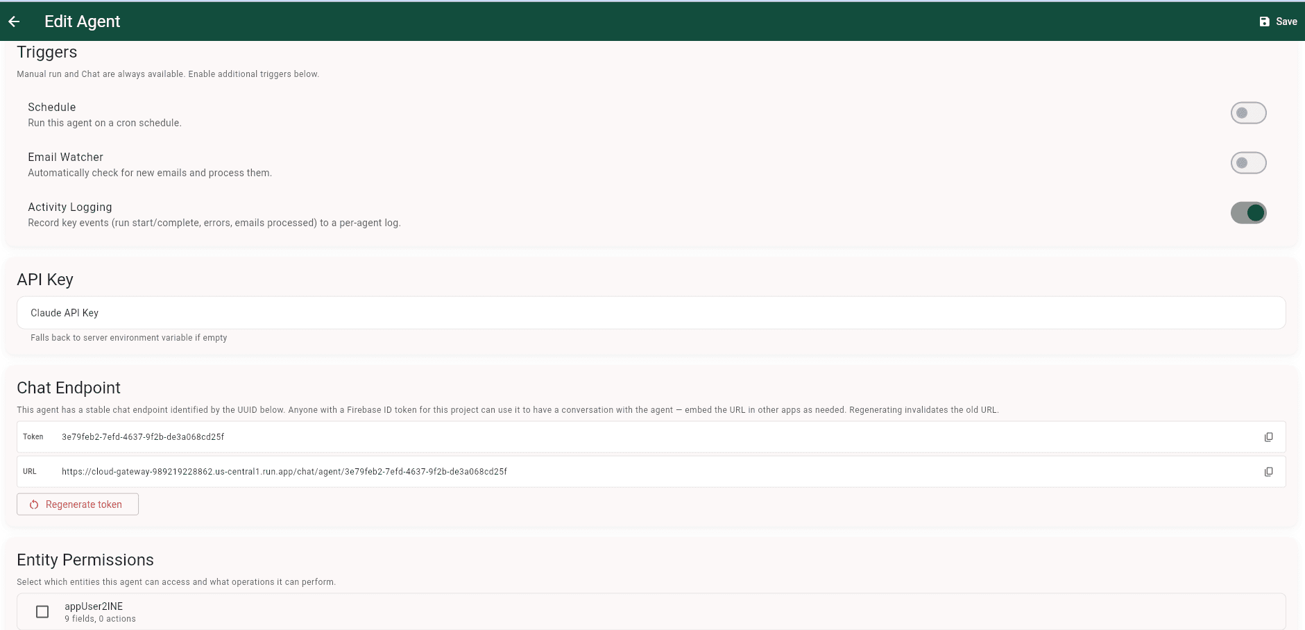 Triggers and Chat Endpoint configuration for the AP Invoice Processing Agent — Schedule (cron), Email Watcher, and Activity Logging toggles, a Claude API Key field that falls back to the server env var, and a stable chat endpoint with a UUID token and a regeneratable URL that any app with a Firebase ID token can call