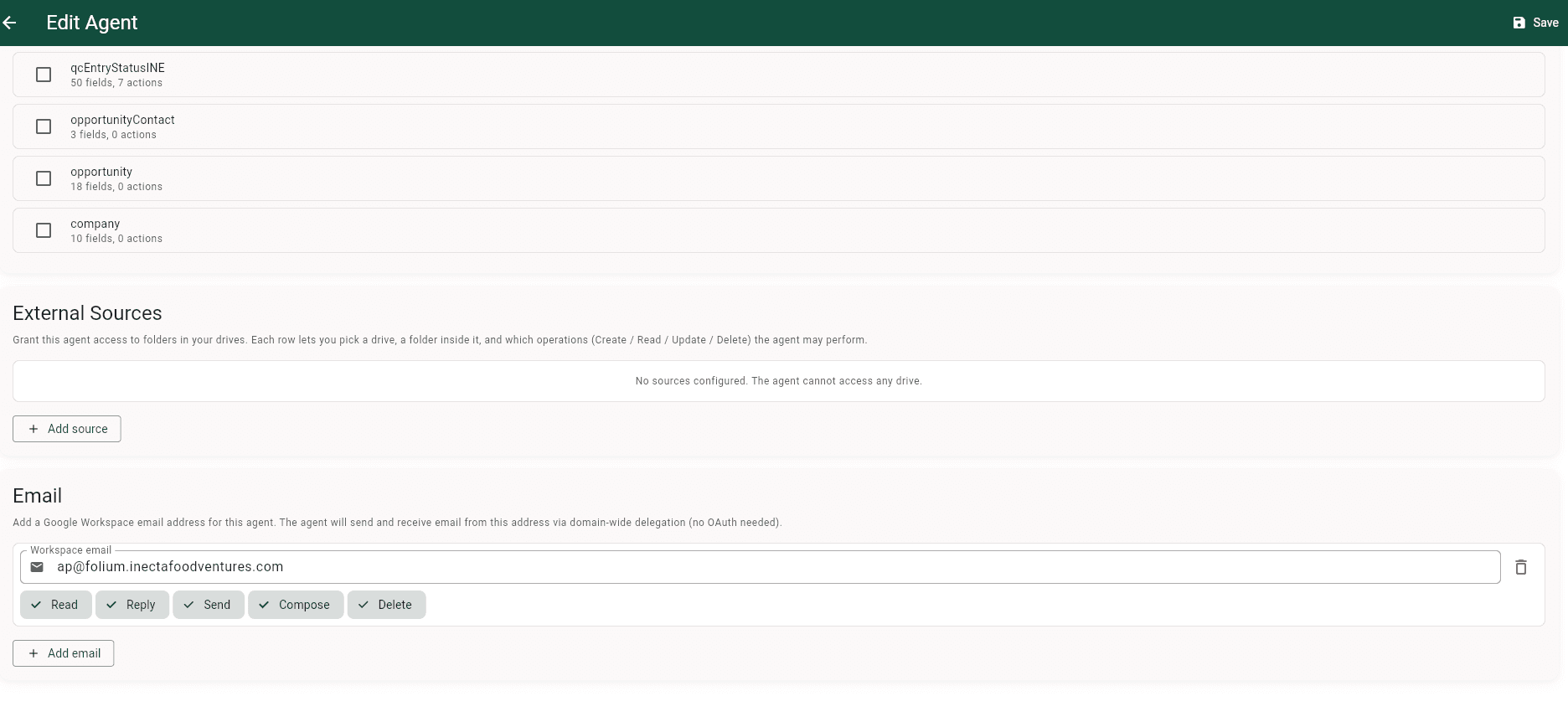 External Sources and Email configuration for the AP Invoice Processing Agent — an empty External Sources panel where Google Drive folders can be granted Read/Create/Update/Delete scopes, and an Email block with the workspace address ap@folium.inectafoodventures.com and Read, Reply, Send, Compose, Delete scopes