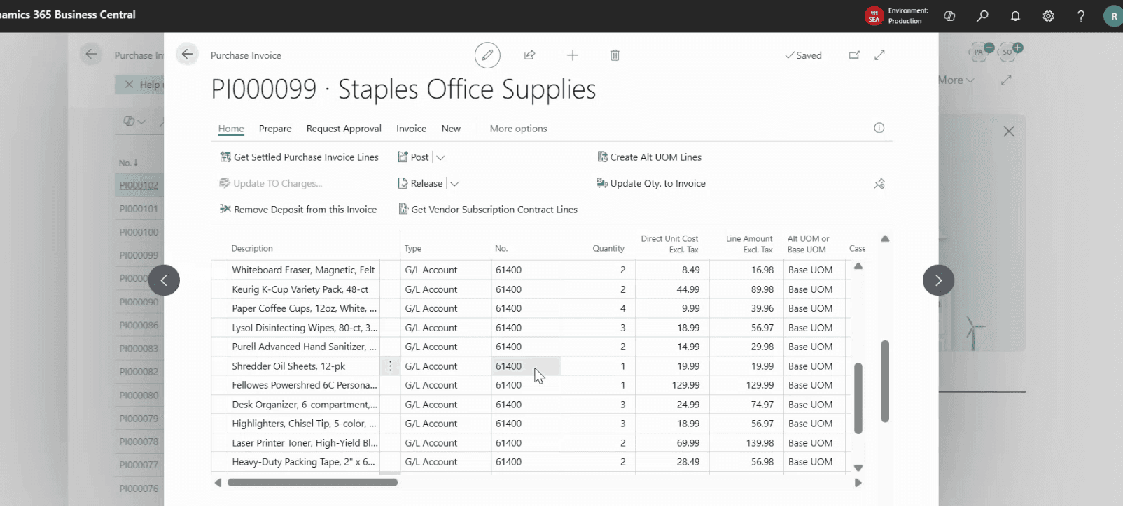 A draft purchase invoice opened in Microsoft Dynamics 365 Business Central — vendor, posting date, lines, and totals populated by the agent, ready for an AP clerk to review and post