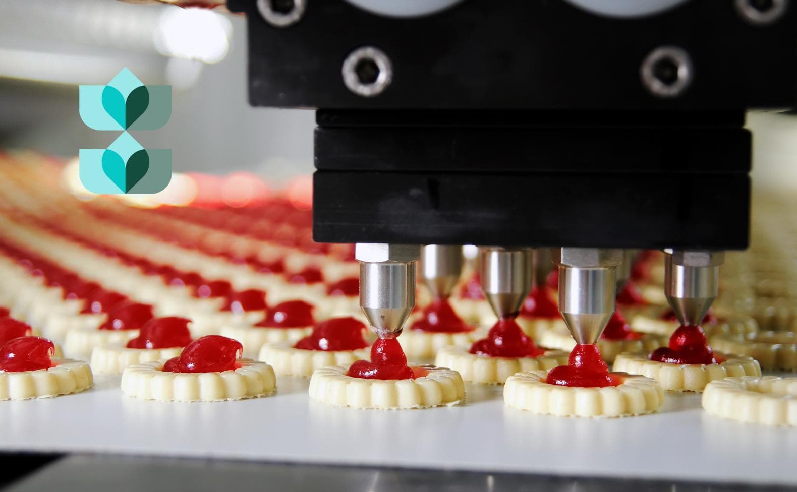 Depositor nozzles piping red fruit filling onto rows of biscuits on a confectionery production line