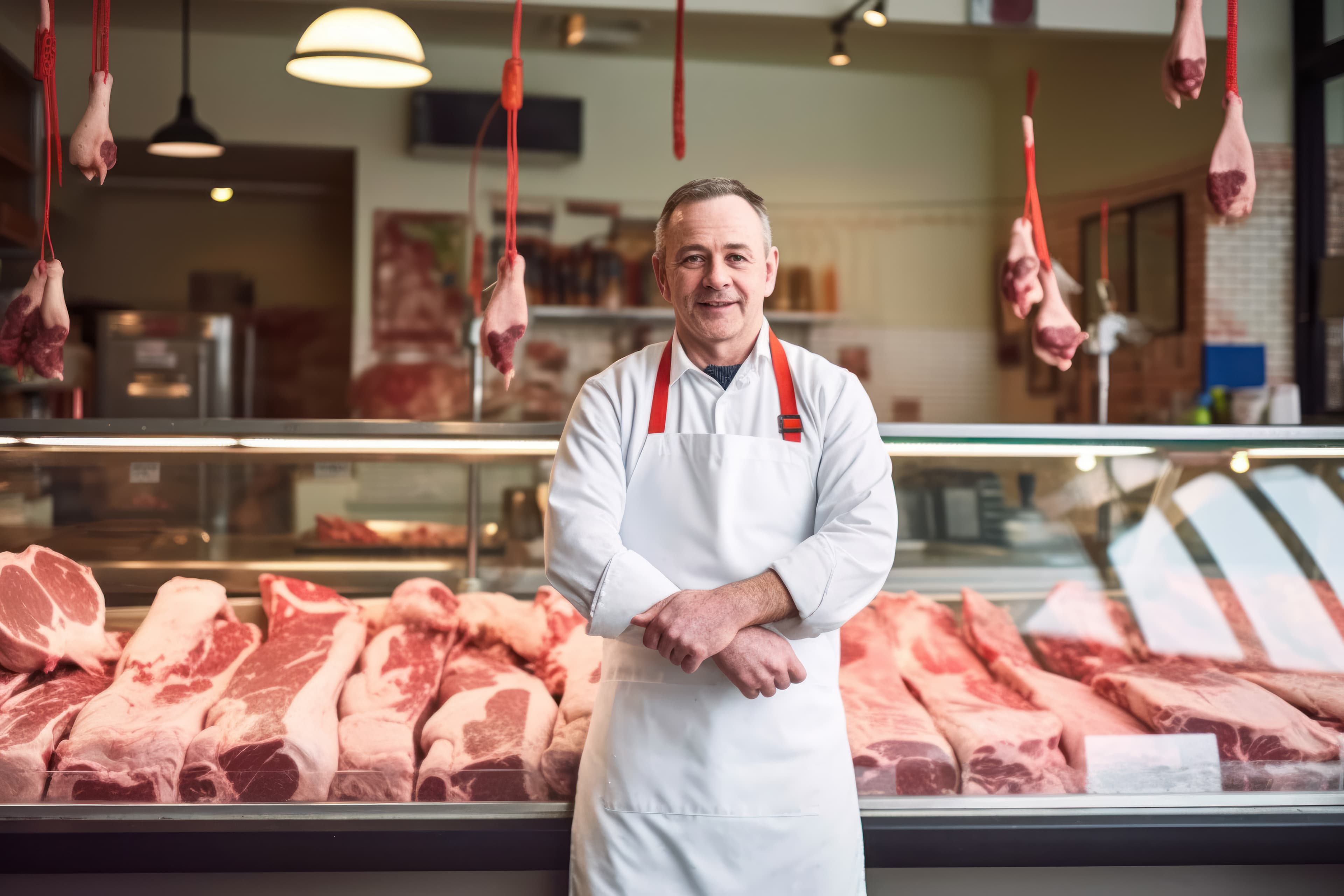 Butcher standing in front of a meat display case — The National Provisioner guest article on BOM for meat processors