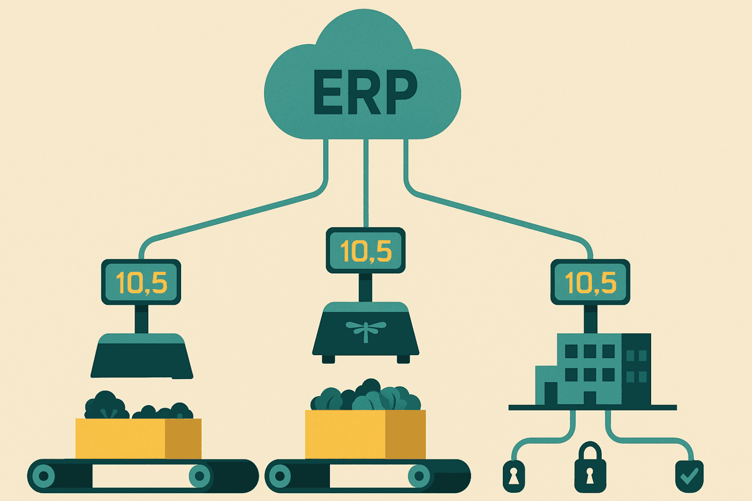 Flat illustration of a produce manufacturing floor with digital scales connected by teal data lines to an inecta Food ERP cloud dashboard, symbolizing integrated real-time weight tracking and precision in produce operations.
