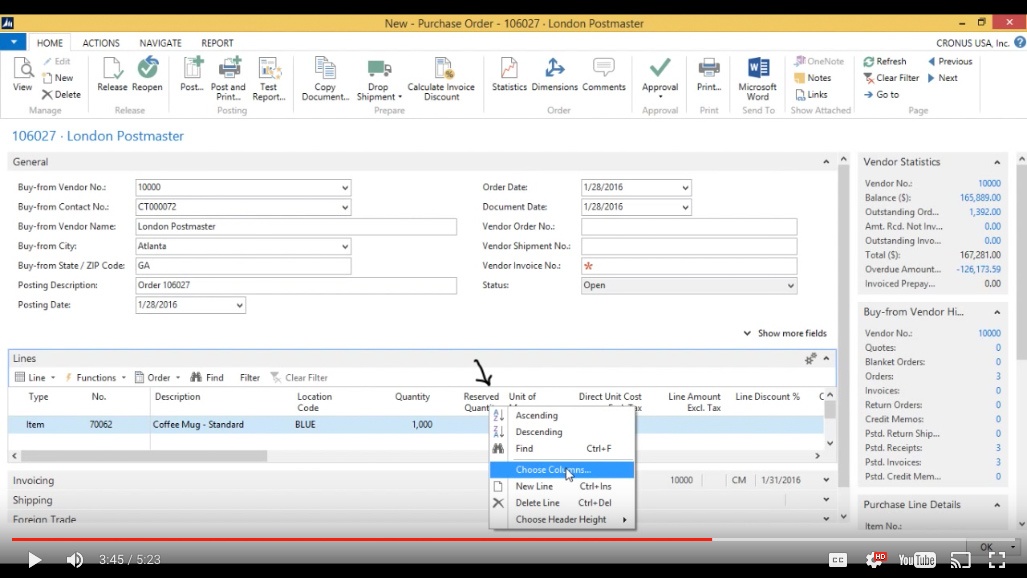 Create a Purchase Order in Microsoft Dynamics NAV 2015