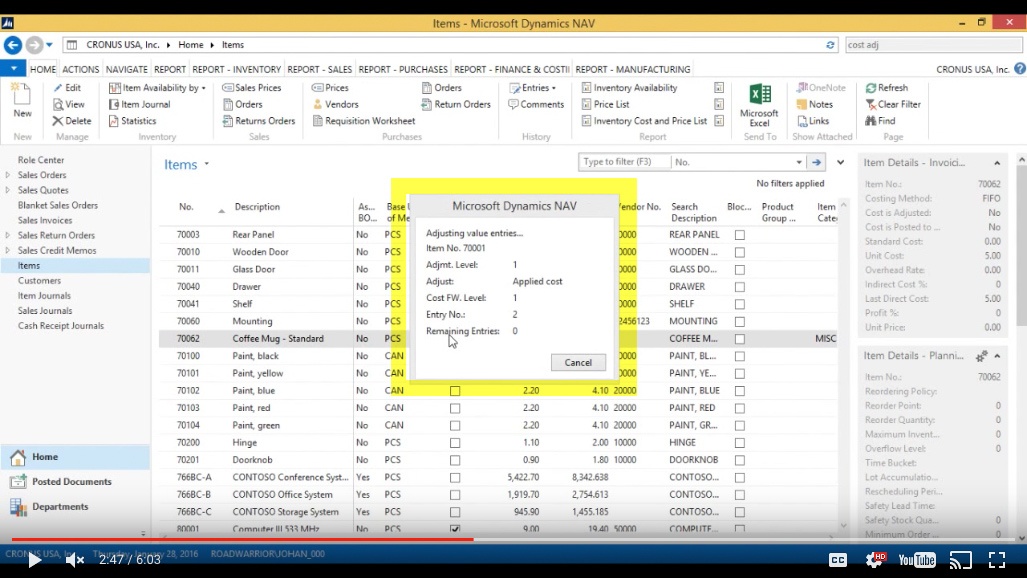Inventory Cost Update in Microsoft Dynamics NAV 2015